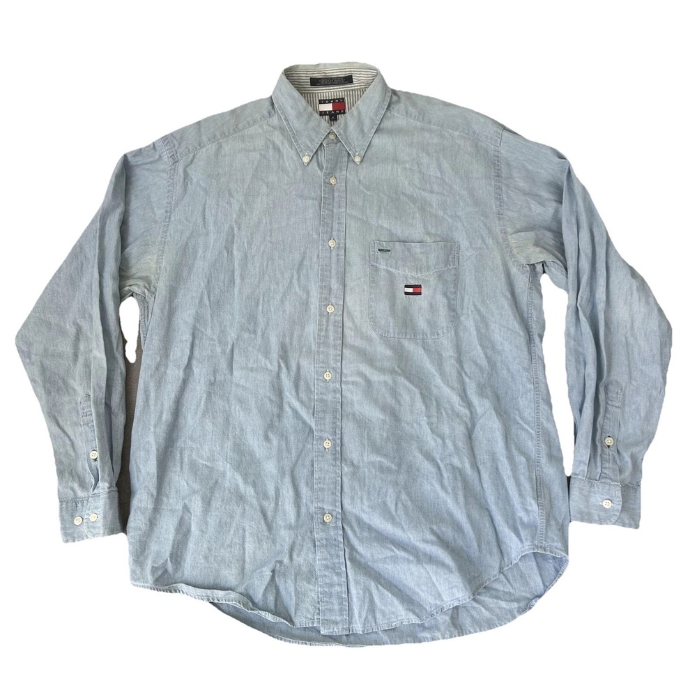 Tommy Jeans Shirt Mens Medium Blue Chambray Long Sleeve Button Up‎ Flag Logo